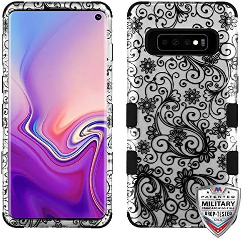 iHeartGlitter - for Samsung Galaxy S10 Silver Four Leaf Black Flowers Pattern Hybrid Phone Case [ONLY S10 Model]