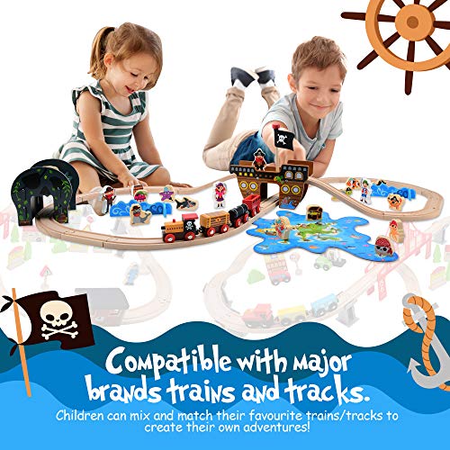 image for Pidoko Kids Pirate Theme Wooden Train Set - 72 Pcs - Includes Magnet F