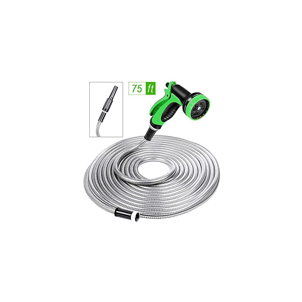 SPECILITE 75ft 304 Stainless Steel Garden Hose Metal, Heavy Duty Water Hoses with 2 Nozzles for