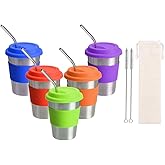 Pinshion Stainless Steel Cups with Lids and Straws, Drinking Tumbler with Silicone Sleeves 12 Oz Eco-Friendly BPA-Free for Kids/Adults, Unbreakable Metal (5 Pack)