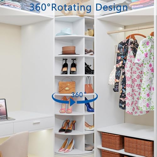 7 Tier Rotating Shoe Rack Tower, Vertical Spinning Shoes Display Rack, Shoe Storage Round Carousel, Revolving 360° Shoe Closet organizer, White 58 * 58 * 160Cm