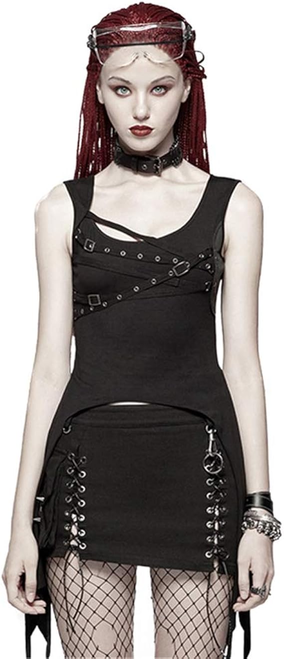 Amazon Punk Raveレディースデイリーパンクtシャツ夏ノースリーブゴシックベストファッションstreetweart不規則タンクトップ レディース 通販