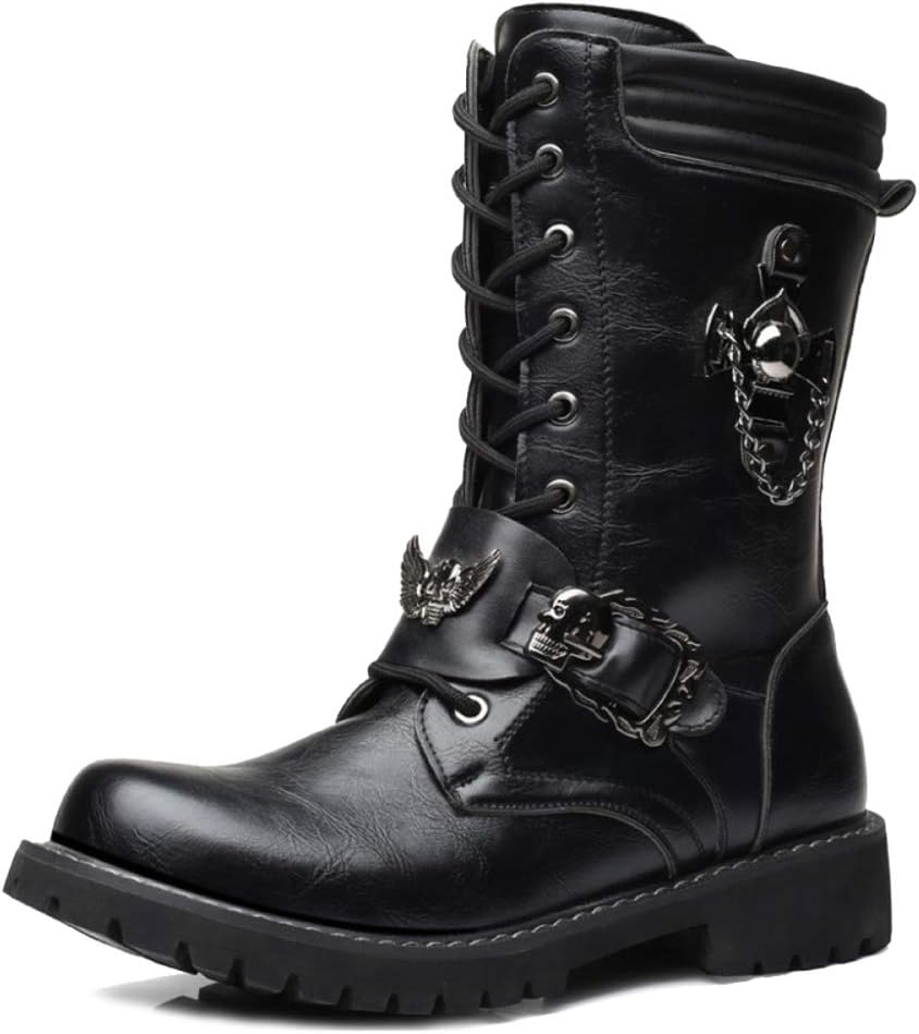 MERRYHE Men Lace Up Martin Boots Army Combat Boot Chain Decoration PU Leather Mid Calf Boots Patrol Desert Waterproof Military Shoes