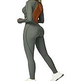 AEEZO Womens Sexy Backless Long Sleeve Padded Workout Jumpsuit Contour Stitch Yoga Rompers One Piece Tummy Control Bodysuit