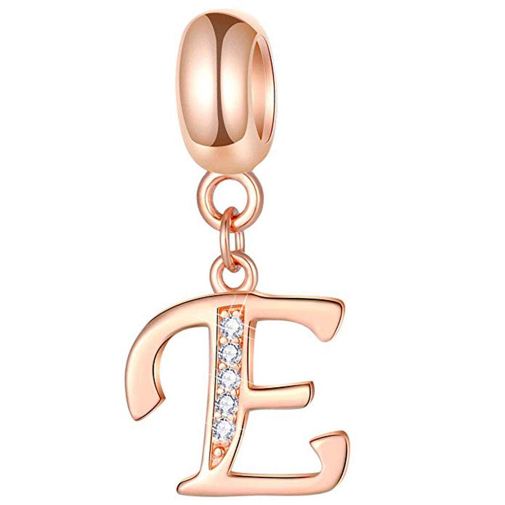 925 Sterling Silver Rose Gold Charm Alphabet Charm Love Charm Anniversary Charm Birthday Charm for Pandora Charm Bracelet (E)
