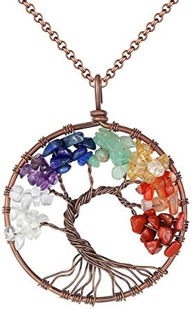 ZIOOER Tree of life Amethyst Rose Crystal Gemstone Chakra Pendant Necklace Jewelry Style: A