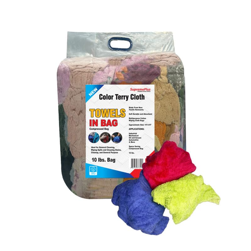 Photo 1 of SupremePlus Premium Color Terry Cloth Rags - (10 lbs. Bag) Super Absorbent Cotton Towel Cleaning Rags for Garage, Shop Rags, Industrial Use & Housekeeping - Shop Rags Bulk