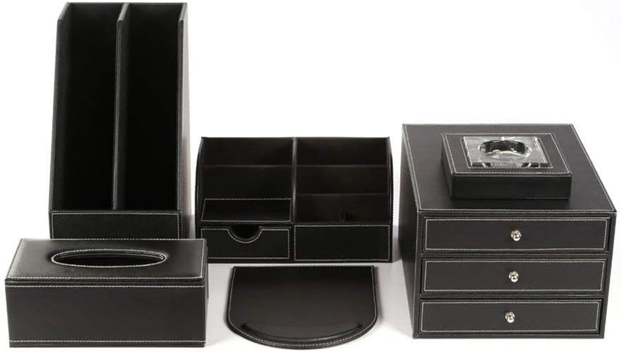 CLEAVE WAVES Office Desk Organizer Set 6 PCS Office Supply Synthetic Leather Desk Set Including Desk Organizer/Mouse Pad/File Cabinet/Document Holder/Crystal Ashtray And Tissue Box Holder,Black