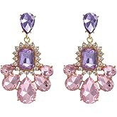 Leadigol Purple Crystal Pendant Earrings,Stud Earrings Party Exaggerated Dangle Earrings Accessories Rhinestone Baroque Flower Jewelry