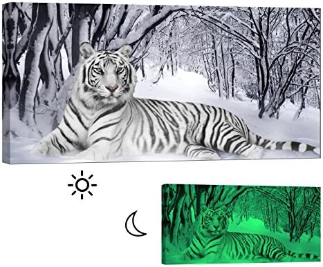 Glow in the Dark Canvas Painting - Stretched and Framed Giclee Wall Art Print - Lion Tiger Leopard Bengal Tiger - Master Bedroom Living Room Decor - 6 Hours Glow