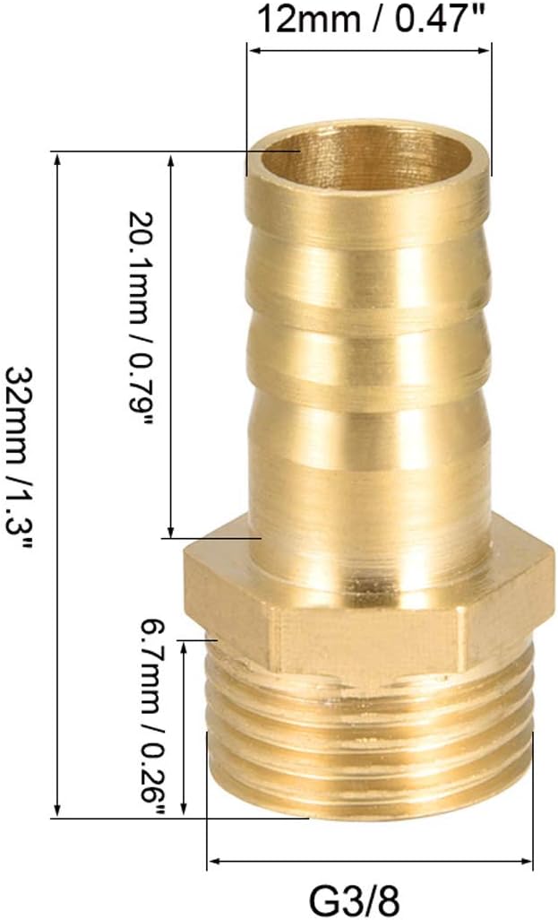 sourcing map Brass Hose Barb Fitting,Connector,12mm Barb x G3/8 Male Pipe Adapter,2Pcs, Gold, 12mm x G3/8 - Image 3