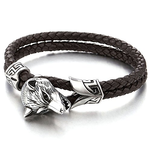 Stainless steel mens wolf head bracelet with brown genu…