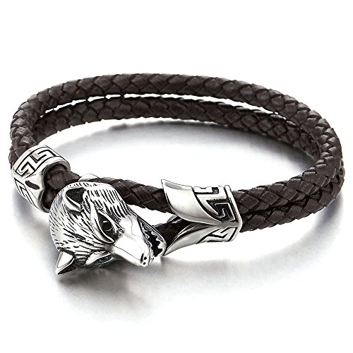 COOLSTEELANDBEYOND Stainless Steel Mens Wolf Head Bracelet with Brown Genuine Braided Leather