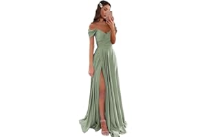 GODCUN Satin Bridesmaid Dresses Long V Neck Ruched Off The Shoulder Formal Prom Dresses for Women