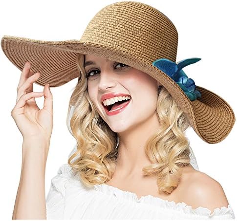 Women's Straw sun Cap with big flower for Summer Foldable Beach Fashion hats (Coffee)
