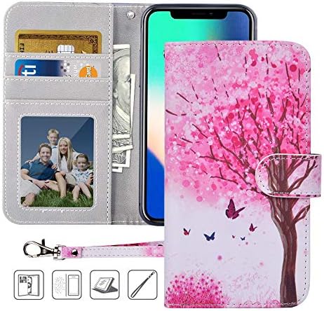 Urbeutyke iPhone X Wallet Case,iPhone X Case, Premium PU Leather Flip Folio Case Cover with Wrist Strap,Card Slots,Cash Pocket,Kickstand for Apple iPhone X 5.8 inch - Pink tree