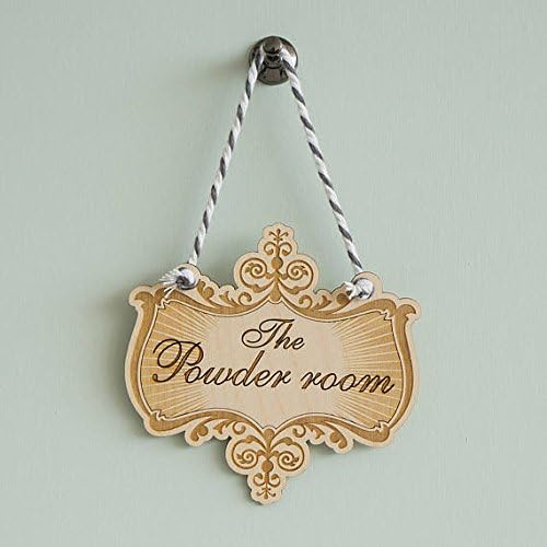 Ernest Fred Personalized Wood Sign Victorian Style Laser Etched 'The Powder Room' Room Sign. Fancy Vintage Scroll Frame Wooden Hanging Plaque Bathroom Door Sign 145mm Wide x 140mm high.