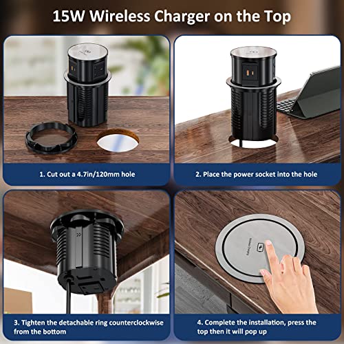 LBOYLOVE® Pop-up Power Socket, Hidden Recessed Power Socket with 15W Wireless Charging, 4 UK Plug Sockets, 1 USB Charger Port & 1 Type-C Charger Port, for Home, Office, Kitchen, Worktops, Desktop