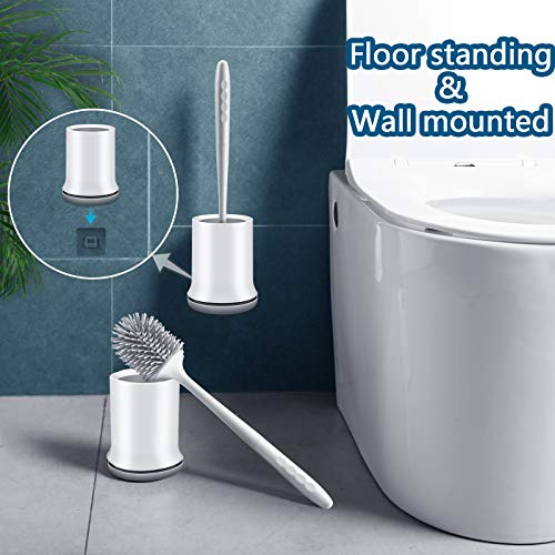 Toilettenbürste,Cshare Silikon WC Bürste mit Halter Wandmontage & Stehen,Langer Stiel klobürste und Schnell Trocknendem Haltersatz für Bad Reinigung und Organisation–Grau