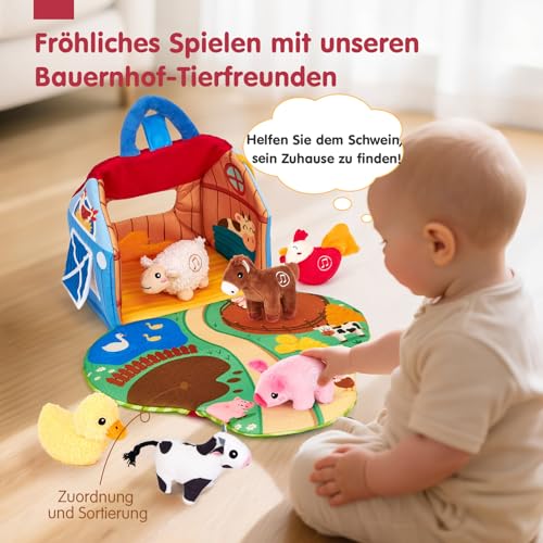 hahaland Farm Baby Toy 6 Months with 2-in-1 Barns & Play Mats, 6 Sensory Plush Toys with Animal Sounds & Speaks English Animal Names, Montessori Toy Baby Gift from 6-12 Months