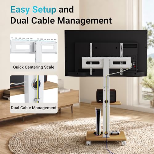 BONTEC TV Stand with 5 Castors and Wooden Base, Universal TV Stand for 32-80 Inch TVs, VESA 600 x 400 mm, 60 kg, Adjustable Height 1210-1500 mm, Tilt, Swivel, No Drilling Required
