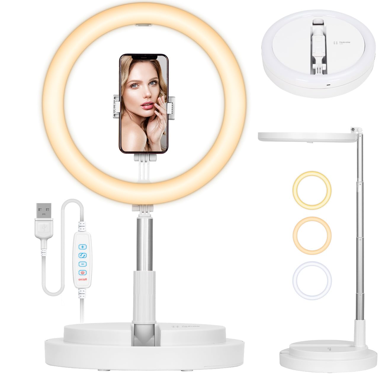 TARION Selfie Ring Light with Stand - 11.8" Foldable LED Ring Light with Phone Holder & Cold Shoe Mount, Adjustable Brightness White