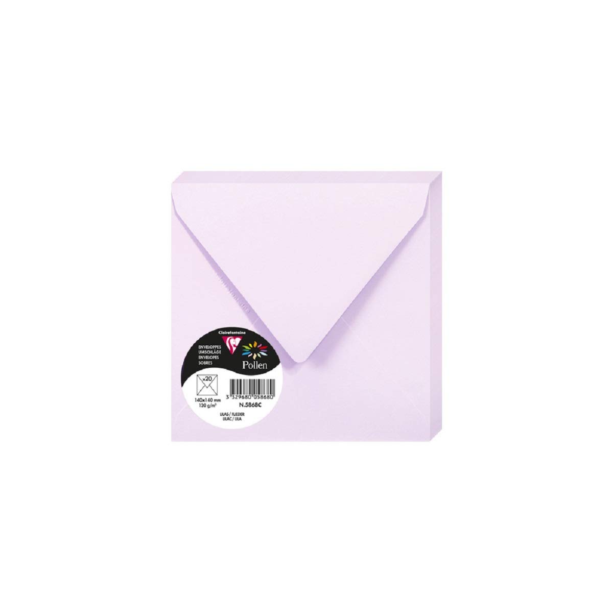 Clairefontaine 5868C Pack of 20 Gummed Envelopes Square Format 14x14cm 120g/m² Lilac Colour Invitation Events Correspondence Pollen Range Premium Smooth Paper — image 1