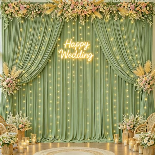 20x10ft Sage Green Backdrop Curtains Lights