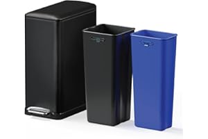 Home Zone Living 13 Gallon Slim Kitchen Trash Can with Dual Compartments for Recycling, Stainless Steel, Black, 50 Liters Total