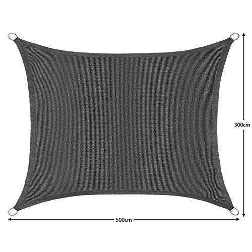 LARMNEE Sonnensegel Sonnenschutz aus HDPE, 3 x 5 m, Rechteck, mit Befestigungsseilen, reißfestem, Windabweisend, Atmungsaktiv, UV-Schutz, für Garten, Balkon, Rauchgrau EGY35SH02 – Bild 4