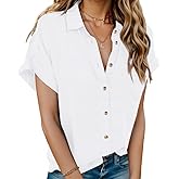 HOTOUCH Linen Shirts for Women Button Down Short Sleeve Tops Cotton Blouses Collared Button-up Beach Vacation Outfits