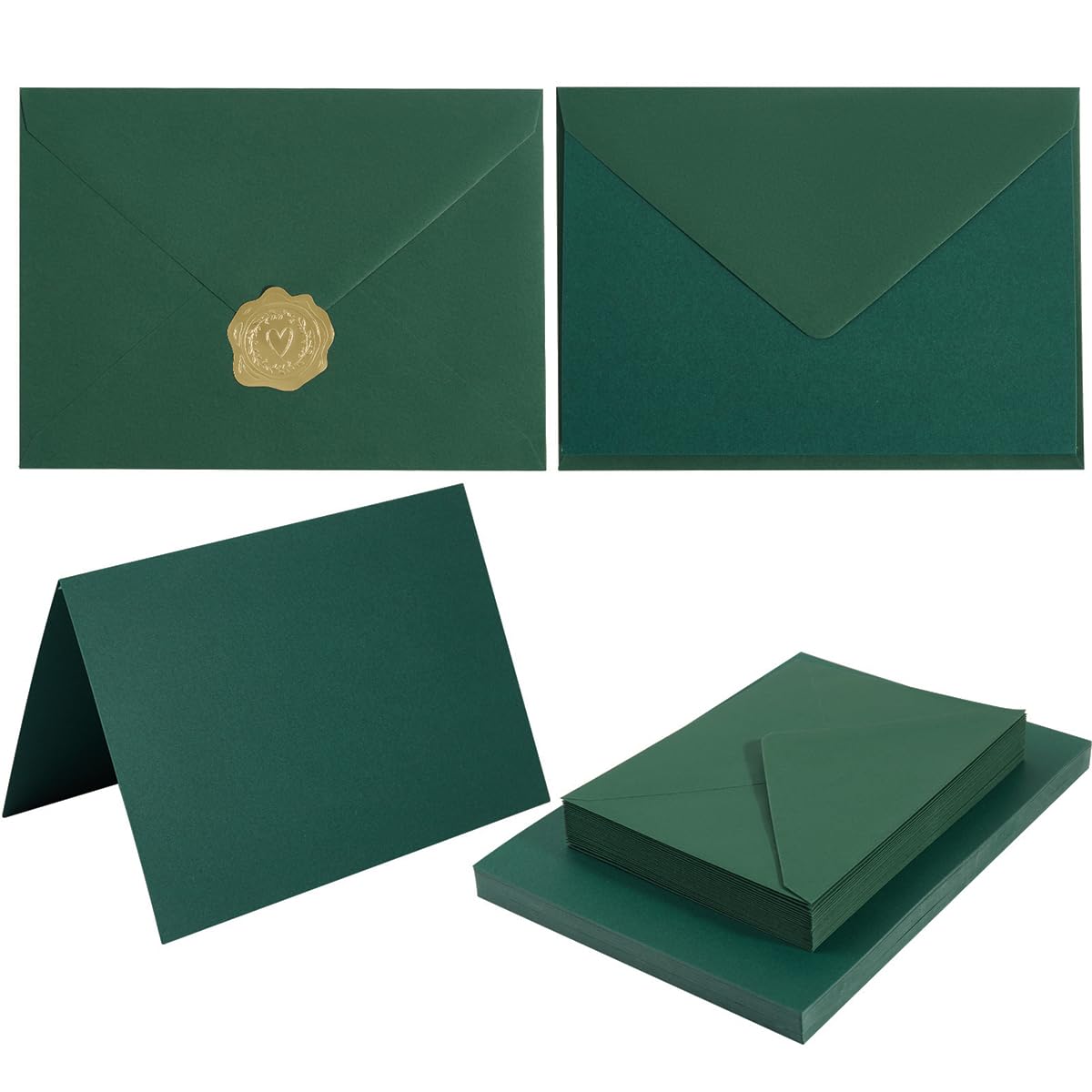 Photo 1 of 50 Pack Dark Green A7 Envelopes with Cards 5x7 Thick Folded Cardstock and Gold Stickers for Greeting Cards, Wedding, Birthday, Invitations, Baby Showers (Dark Green, 5x7)
