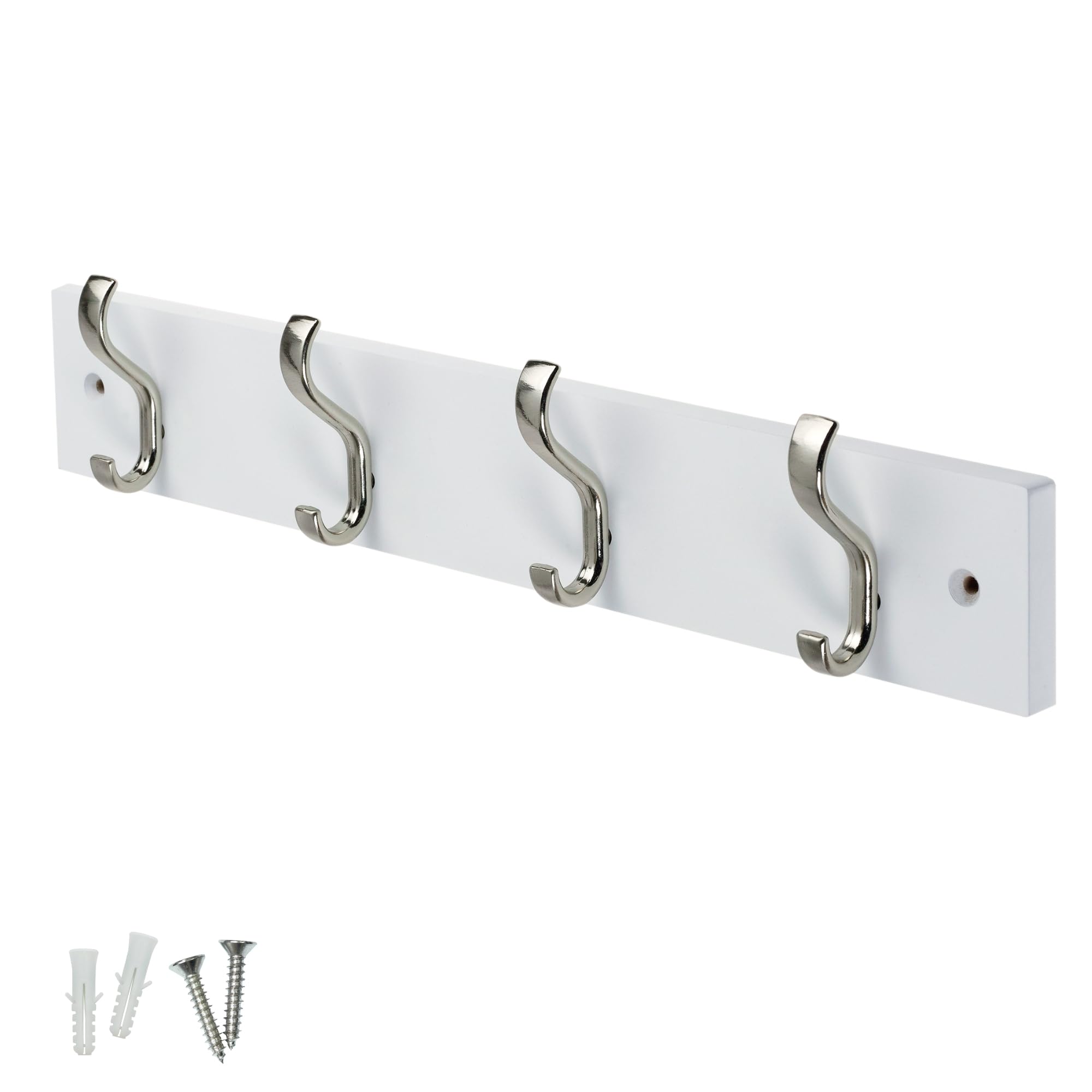 keypak Minimalistic Wall-Mounted Coat Rack – 4 Hooks on Stylish Modern Wooden Base for Wall & Door – 38cm – All Fixings Included (Satin Nickel/White)