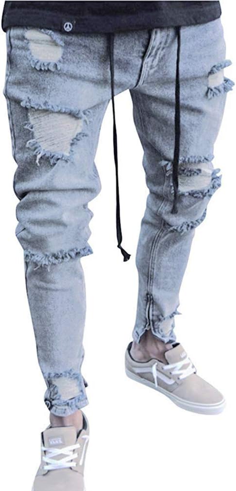 Men's Hiphop Streetwear Jeans Ripped Stretch Zipper Trousers Distressed Holes Denim Sizes S-3Xl