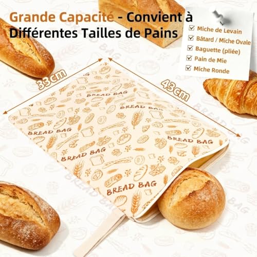 AHJ Sac a Pain Cire Abeille avec Fermeture Éclair, Lot de 2 Sacs de Conservation Pain Réutilisables 43 x 33 cm, Sac à Pain en Coton pour Pain au Levain Fait Maison, Baguette, Fruits et Légumes