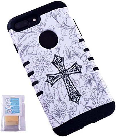 For Apple iPhone 8 Plus, 7 Plus (5.5" Display) Cross Flower on Black Skin KoolKase Rocker Dual Layer Hybrid Case Cover With 2 Screen Protector Films