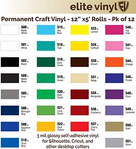Permanent Craft Vinyl - 12 inch x 5 Foot Rolls - 12 Pack - U Pick The Colors - for All Desktop/Personal Cutters