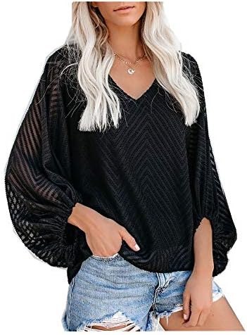 MEIbax Women's Casual Sweet & Cute BlouseLoose Shirt Balloon Sleeve V-Neck Blouse Top V-Neck Puff Sleeve Mesh Gauze Casual Top
