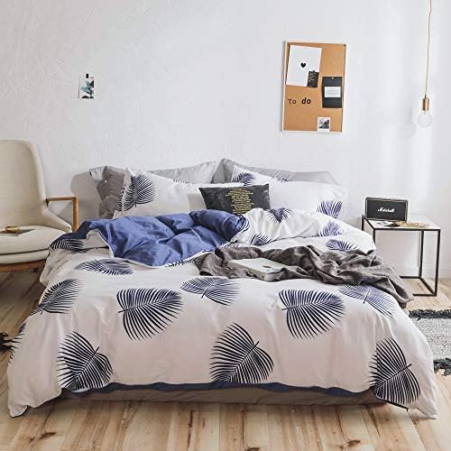mixinni Leaves Duvet Cover on White/Blue King Duvet Cover Set, 3 Pieces Blue Palm Tree Leaves Pattern Luxury Reversible Bedding Comforter Set with Zipper Ties, Ultra Soft & Easy Care-King Size