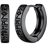 Viking Rune Hoop Earrings for Men, Black Stainless Steel Norse Amulet, Engraved Huggie Earrings, Mythological Warrior Jewelry