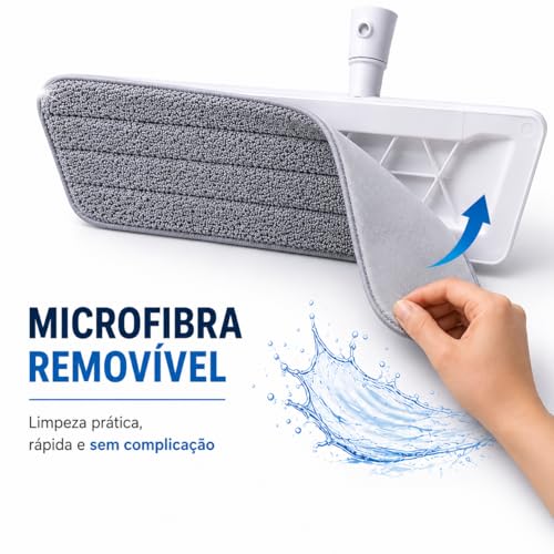 Rodo Spray com Reservatório de Água e Refil Microfibra Ultra Absorvente; Mop de Limpeza para Piso, Porcelanato e Laminado; Limpeza Prática Sem Balde