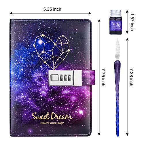 Leather Diary with Lock and Glass Dip Pen Ink Set for girls boys