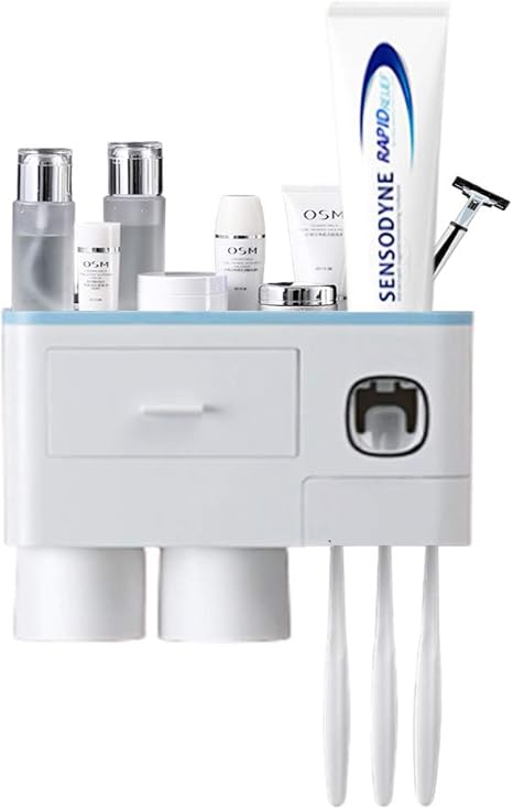 Amazon 歯磨き粉 自動 Veeki 置き型粘着式 歯ブラシスタンド 壁掛け歯ブラシホルダー バスルーム 自動歯磨き粉ディスペンサー 洗面台収納 化粧品収納 マグネットカップ 浴室収納 子供歯ブラシ 電動歯ブラシ収納 青い 歯ブラシスタンド ホーム キッチン