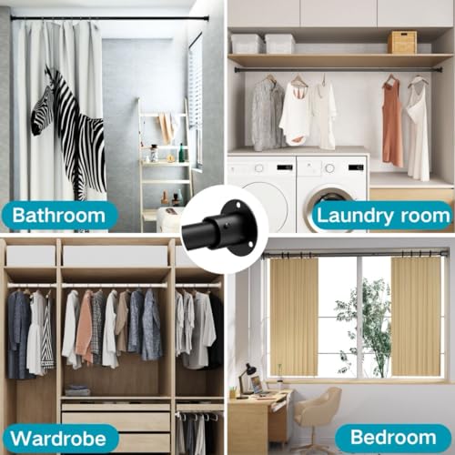 Wardrobe Rail, Heavy Duty Clothes Rod with End Sockets, Adjustable Hanging Rails for Clothes, Wardrobe and Bathroom, 68-90CM/Diameter 32MM, Black