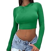Dwnval Women's Long Sleeve Crop Tops Y2K Crewneck Cute Sexy Slim fit Cropped T Shirts