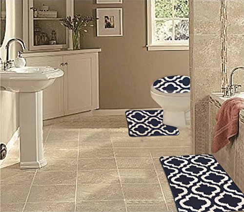 WPM 3 Piece Multi Color Bath Mat Set-bathroom Mat Contour Rug and Lid Cover (Paragon Navy) - Thumbnail 2