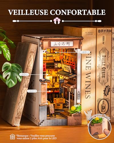 Rolife Book Nook DIY Wooden Model Adult with Lights Sakura Wine Alley 3D Puzzle Miniature House Building Bookends Diorama Decoration Book Library Living Room