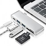 Type-C USB 3.0 5 in 1 Combo Hub for MacBook, Aluminum Multi-Port Adapter with USB-C Charging Port, Type-C Pass Through, 2 USB 3.0 Ports, SD/Micro Card Reader (Silver)