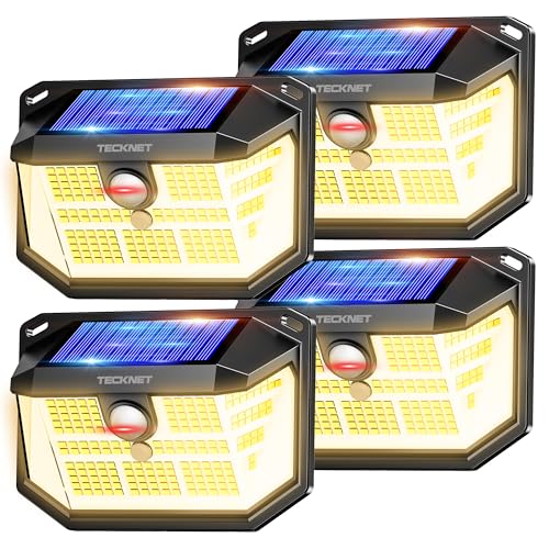 TECKNET Outdoor Solar Light, 231 LED/300° Illumination (Illuminates 35㎡) High Brightness Solar Lights with Motion Sensor, 3 Modes IP65 Waterproof Solar Led Spotlights for Garden, Garage, Patio, 4 Pack