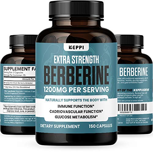 Premium Berberine 1200mg - 150 Capsules Non-GMO Gluten Free - Keppi Berberine HCL Supplement Supports Immune Function, Glucose Metabolism, Weight Loss, Cardiovascular Heart and Gastrointestinal Health